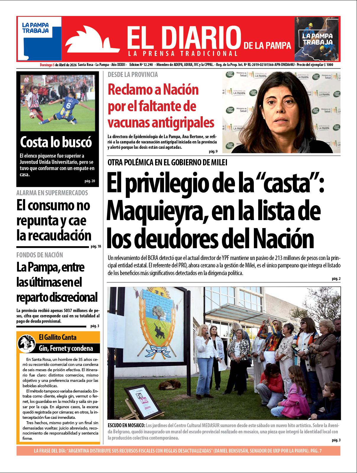 Tapa de El Diario en papel  domingo 05 de abril de 2026